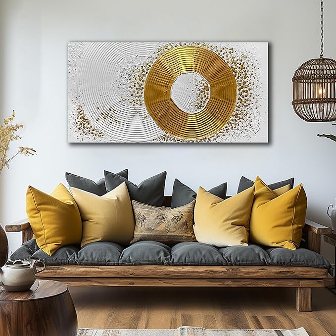 White and Gold Wall Decor for Living Room Abstract Circle Painting Wall Art for Dining Room Modern Art Wall Decor for Office Size 24 x 47 Inch