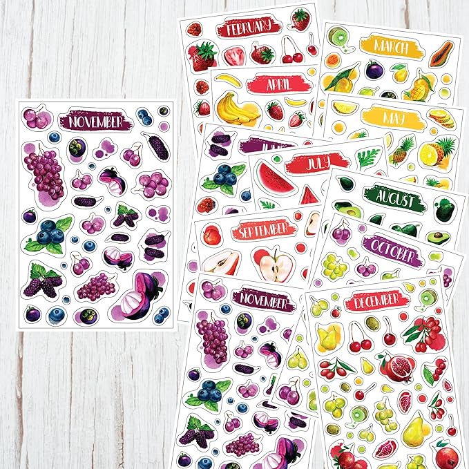 Monthly Calendar Planner Stickers - 12 Transparent Sticker Sheets with Beautiful Fruit Illustrations, Undated Calendar Stickers, Supplies for Planners or Bullet Journals