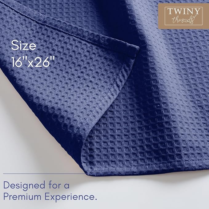 TWINY threads Kitchen Dish Towels Set of 6, 100% Cotton Waffle Weave, Absorbent Dishcloth & Tea Towel with Hanging Loop, Reusable for Table Cleaning, Quick Drying - 16x26 Inches - Indigo Blue