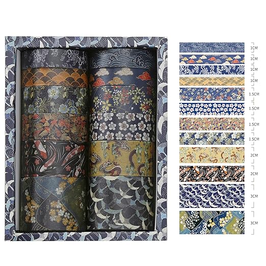Songdao 12 Rolls Kyoto Charm Washi Tape Set Japanese Arts Adhesive Tapes Geometric Garden Decorative Masking Tape Sets for Craft, Kids, Scrapbook, DIY, Gift Wrapping (Cerulean Showa)