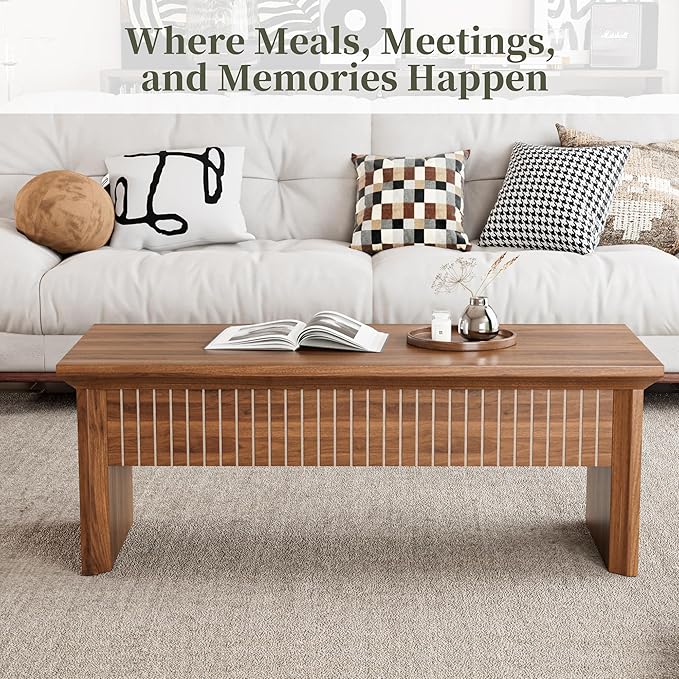 Lift Top Coffee Table with Storage, Mid Century Modern Coffee Table with Hidden Compartment, Fluted Wood Rectangle Center Table for Living Room, Home Office, Walnut (Walnut, 42.5" W)