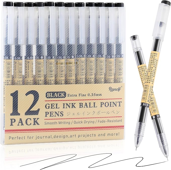 RIANCY Black Gel Ink Pens, 0.35mm Extra Fine Point Tip Smooth Writing Pens Ballpoint, Japanese Style Stationery No Smudge Rollerball Pens, Quick Drying for Journaling Office School Supplies 12pcs