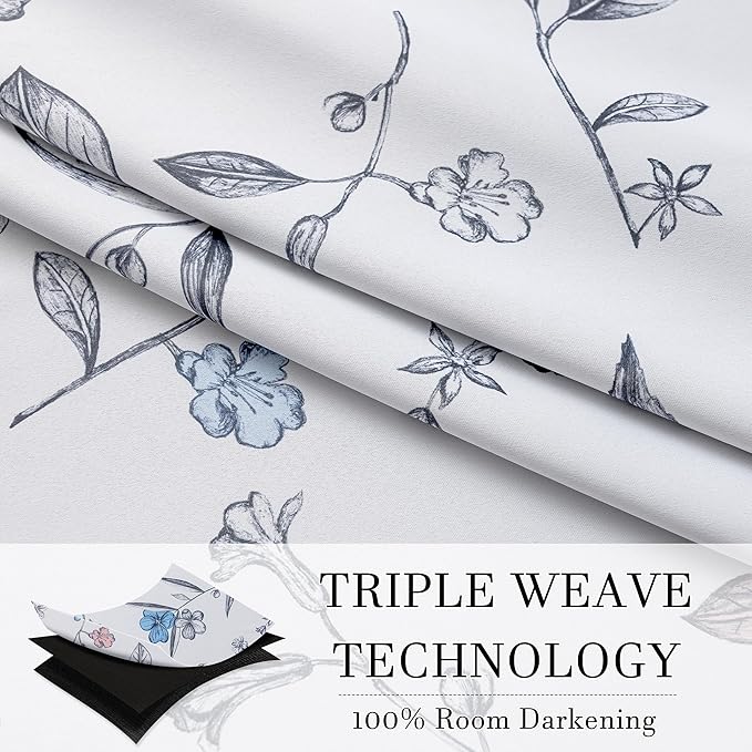 ChrisDowa 100% Blackout Floral Curtains 72 Inches Long 2 Panels for Bedroom Living Room Navy Blue Flower Patterned Room Darkening Thermal Insulated Soundproof Grommet Window Treatments Drapes,52X72