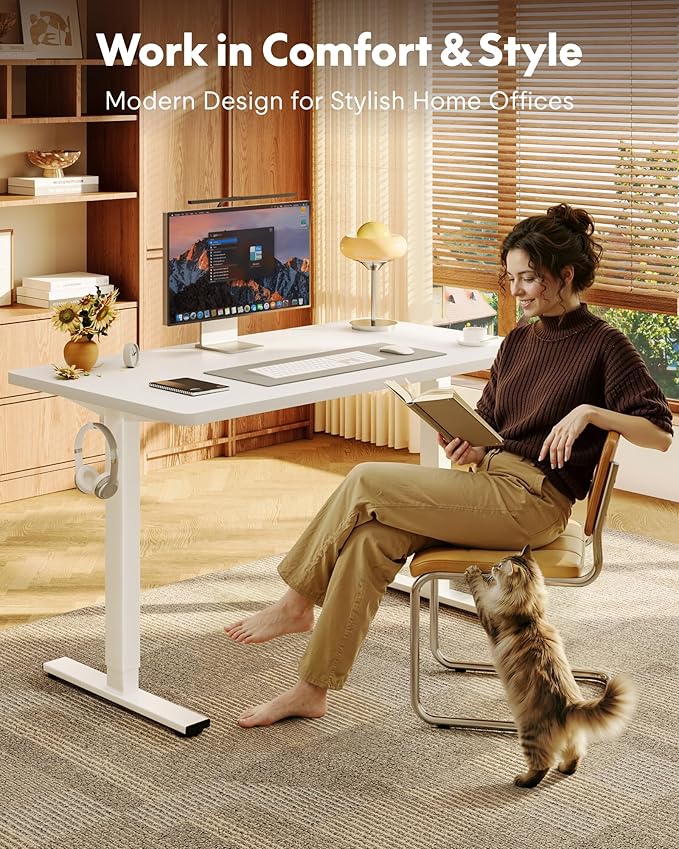 FLEXISPOT EN1 One-Piece Standing Desk, 48"x24" Seamless Desktop Electric Height Adjustable for Home Office, Study Rooms & Multi-Device Workstations, White(White Frame)