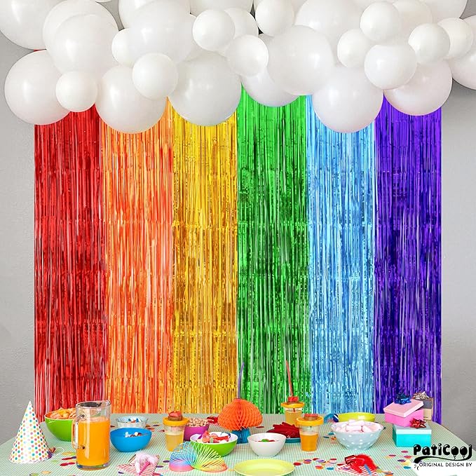 Thicken Rainbow Streamers 2 Pack 3.2 x 8.2 FT for Rainbow Birthday Party Decorations, Tinsel Backdrop Curtains, Foil Fringe Photo Backdrop for Fiesta, Mexican, Pride, Baby Shower Decorations
