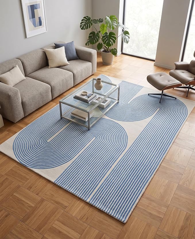 Modern Handmade Wool Area Rug, Abstract Curved Line Geometric Indoor Carpet for Living Room Bedroom, Contemporary Tufted Rug with Soft Pile and Cotton Backing (Sky Blue, 3' x 5')