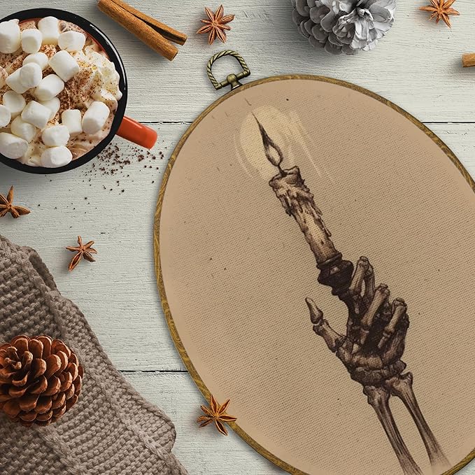 CUANFDDSF Vintage Gothic Skeleton Oval Wall Art Decor, Neutral Goth Spooky Wall Hanging Decor, Dark Academia Finger Candle Framed Canvas Prints for Home Bedroom Living Room, 8.6x11.4 Inch