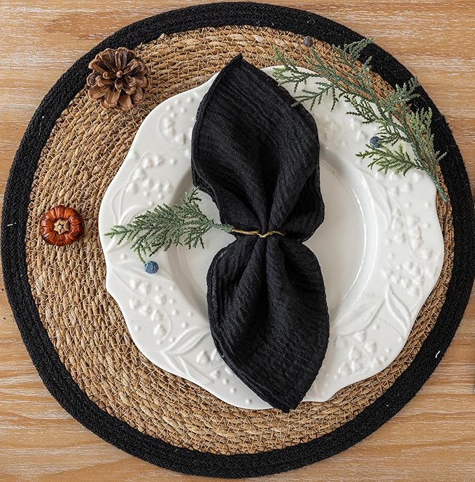 Cheesecloth 17x17 Inches Cloth Napkins Reusable Handmade Washable Table Napkins for Lunch Dinner Wedding Baby Shower Bridal Shower Party Rustic Boho Decorations Bulk Set of 6 Black