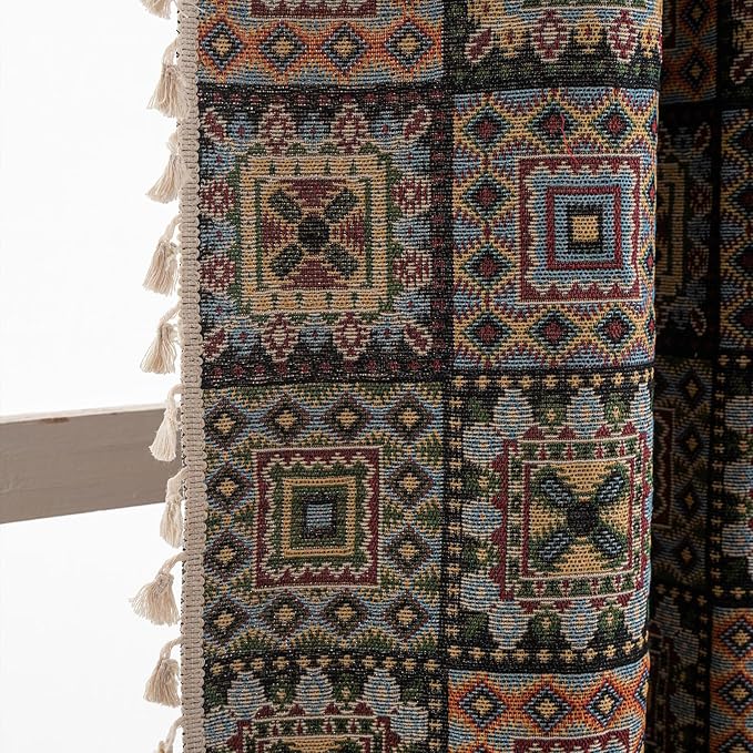 ENJOYBRIDAL Patchwork 63 Inch Curtains for Bedroom Living Room Drapes Jacquard Bohemian Semi Sheer Short Window Curtains 2 Panel Sets Vintage Geometric Black Rod Pocket Boho Window Treatments
