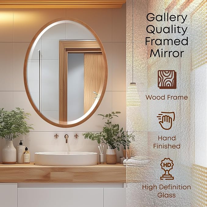 OVALCREST - Oval Wooden Beveled Wall Mirror for Home Decor, Bathroom, Vanity, Bedroom, Living Room, Hallway - London Style (Sunset Gold) 37.1 x 25.1