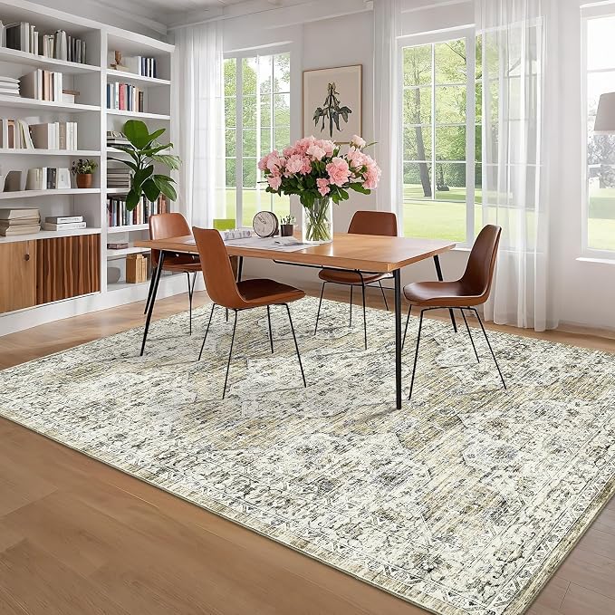 Washable Boho Vintage Lager Area Rugs 10x13 for Living Room Non-Slip Distressed Large Rugs for Bedroom Dining Room Nursery Neutral Oriental Throw Thin Foldable Carpet Vintage Carpet, Brown Yellow