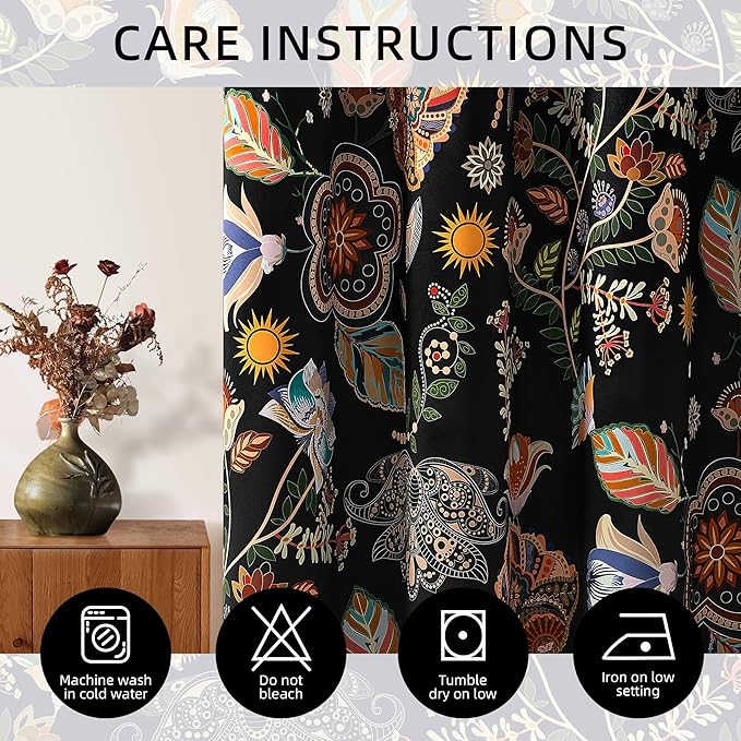 XiDi Black Dark Floral Curtains 102 Inches Long 2 Panels 100% Blackout Patterned Curtains Thermal Insulated Luxury Vintage Flower Botanical Printed Drapes Grommet for Living Room Bedroom Decor 52x102