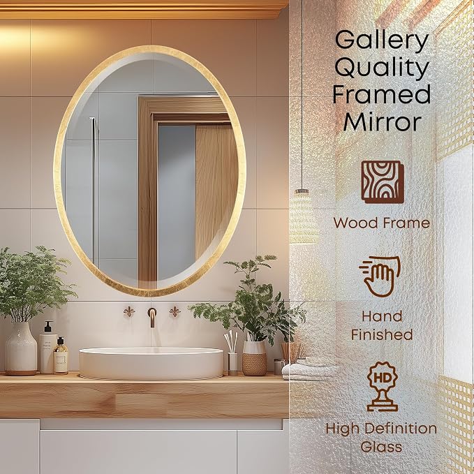 OVALCREST - Oval Wooden Beveled Wall Mirror for Home Decor, Bathroom, Vanity, Bedroom, Living Room, Hallway - London Style (Gold Leaf) 31.1 x 21.1