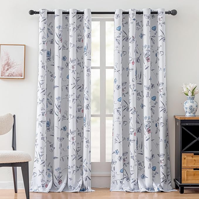 ChrisDowa 100% Blackout Floral Curtains 108 Inches Long 2 Panels for Bedroom Living Room Navy Blue Flower Patterned Room Darkening Thermal Insulated Soundproof Grommet Window Treatments Drapes,52X108