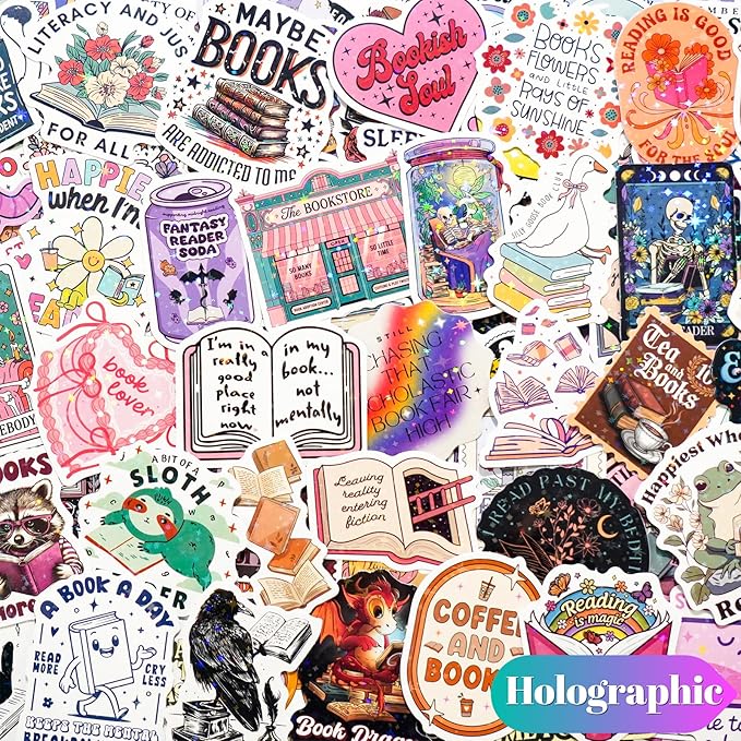 300 PCS Book Stickers for Kindle, Bookish Sticker Pack Reading Glitter Waterproof Vinyl Decals for Laptop, Ebook Readers, Water Bottles, Phone, Journal, Scrapbook, No Repeats (Holographic)
