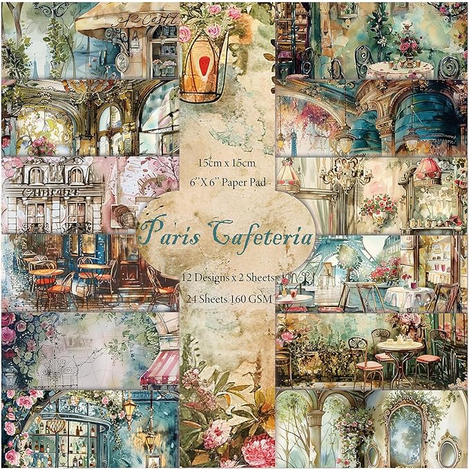 Scrapbook Paper,24 Sheets 6"x 6" Decorative Papers,Single-Sided Vivid Origami Decoupage Paper for Card Making,DIY Album, Hand Account & Travel Diary Craft Projects,Paris Cafeteria
