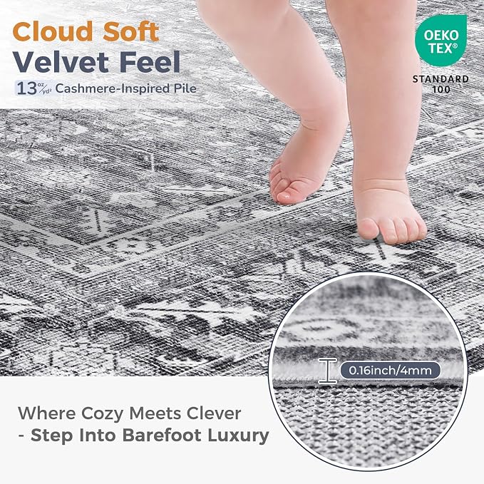 OPPODREAM Vintage Grey Area Rugs 4x6, 4 x 6 Retro Washable Rug Non Slip, Low-Pile Faux Wool Carpet, Distressed Gray Floor Mat for Living Room, Bedroom, Kitchen, Office, Dorm, Dinning Room