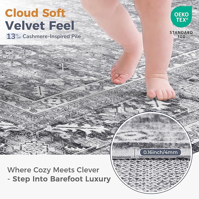 OPPODREAM Vintage Grey Area Rugs 3x5, 3 x 5 Retro Washable Rug Non Slip, Low-Pile Faux Wool Carpet, Distressed Gray Floor Mat for Living Room, Bedroom, Kitchen, Office, Dorm, Dinning Room