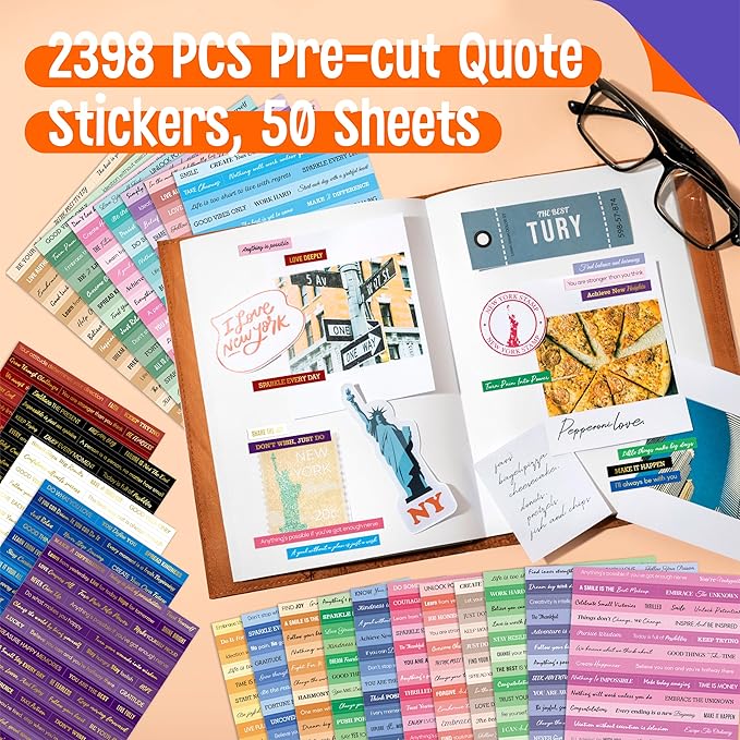2398PCS Quote Stickers, Gold Foil Word Phrase Stickers for Junk Journal, Pre-Cut Motivational Inspirational Small Talk Labels for Scrapbook, DIY Craft Card Making (50 Sheets)
