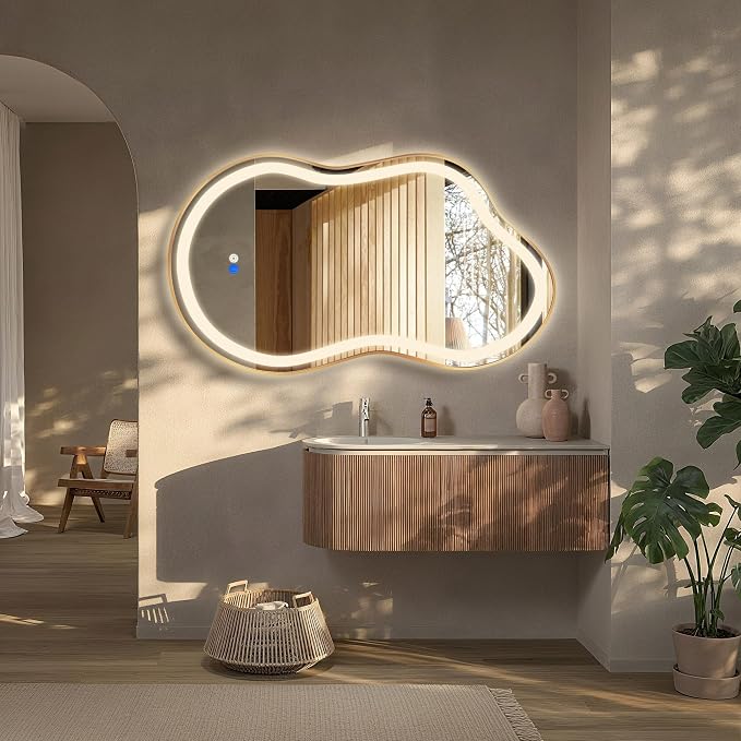 Irregular Led Backlit Bathroom Mirror -26"x46" Single Piece, Asymmetrical Cloud Lighted Vanity Mirror with Lights for Wall, Anit-Fog, Dimmable, Memory (Vertical/Horizontal)