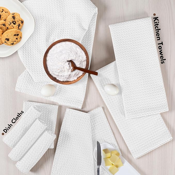 Native Fab Dish Towels & Dishcloths 8 Piece Set - 100% Cotton, Soft, Absorbent, Quick Drying Towel for Cleaning, Cooking, Baking - Machine Washable, Ideal for Home, Kitchen & Everyday Use - White