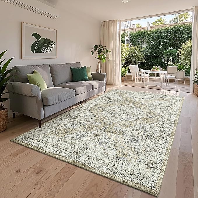 8x10 Washable Vintage Distressed Oriental Large Rug Soft Bedroom Carpet Non-Slip Low Pile Living Room Large Rug Retro Floral Floor Carpet for Farmhouse Home Decor Playroom, Brown Yellow