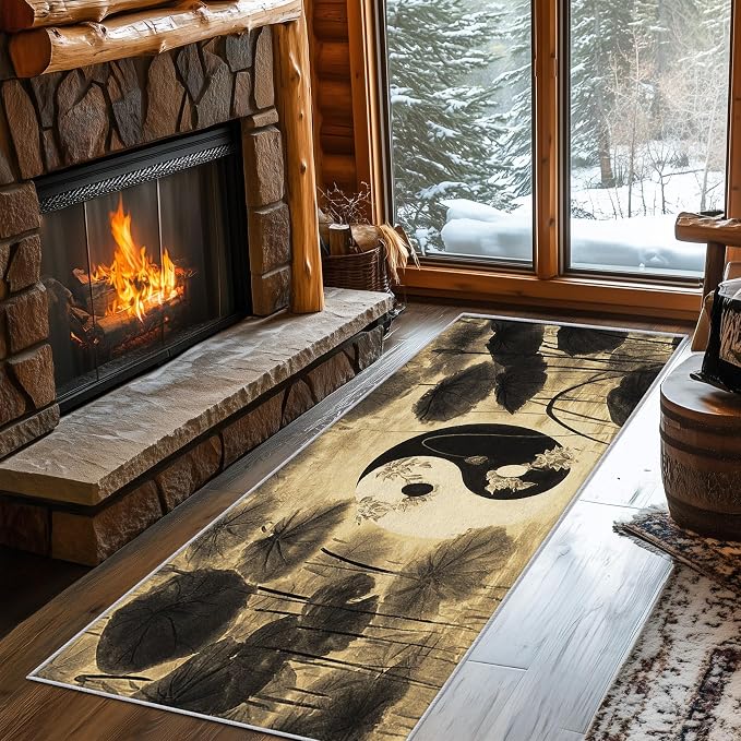 Yin Yang Lotus Leaf Runner Rug 3x7, Asian Yoga Design, Zen Spiritual Meditation Area Rug, Washable Carpet Runner for Bedroom, Standard Hallways, Kitchen Walkway, Dining Room Sideboard
