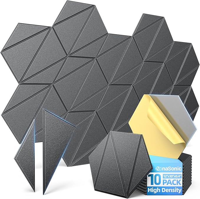 10 Pack Acoustic Panels with Self-Adhesive 12"X10"X0.4" Sound Proof Foam Panels for Walls, High Density Soundproof Wall Panels, Z-Line Hexagon Sound Dampening Panels for Home Studio Decor Office-Black