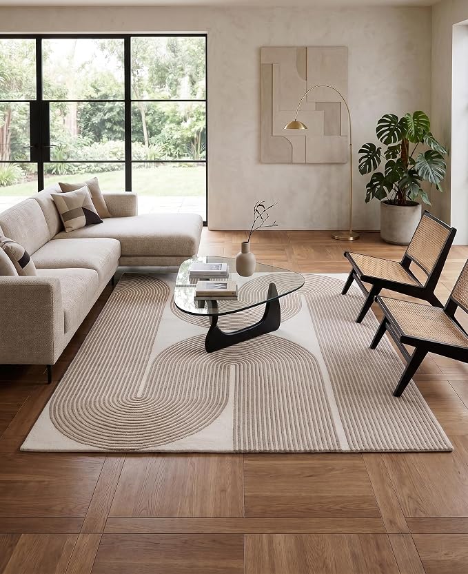 Modern Handmade Wool Area Rug, Abstract Curved Line Geometric Indoor Carpet for Living Room Bedroom, Contemporary Tufted Rug with Soft Pile and Cotton Backing (Sand Beige, 10' x 14')