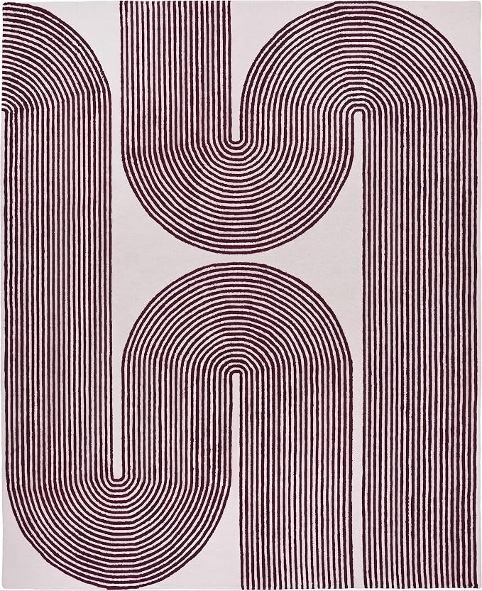 Modern Handmade Wool Area Rug, Abstract Curved Line Geometric Carpet for Living Room Bedroom, Contemporary Tufted Indoor Rug with Soft Pile and Cotton Backing (Deep Plum, 3' x 5')