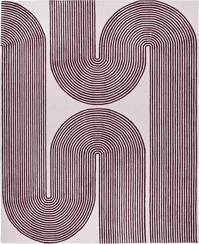 Modern Handmade Wool Area Rug, Abstract Curved Line Geometric Indoor Carpet for Living Room Bedroom, Contemporary Tufted Rug with Soft Pile and Cotton Backing (Deep Plum, 6' x 8')