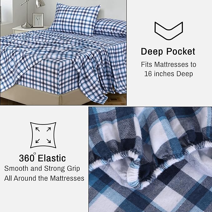 RUVANTI Flannel Sheets California King Size - 100% Cotton Brushed Cal King Bed Sheets Set - Deep Pockets 14 Inches - All Seasons Breathable & Extra Soft - Warm & Cozy, 4 Piece, Gingham Addition