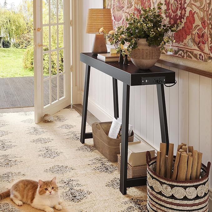 Huuger Entryway Console Table with Charging Station, USB-C Port, 39.4 Inch Sofa Table with Metal Legs, Entry Hallway Table with Thicker Desktop, Modern Behind Couch Table, Black