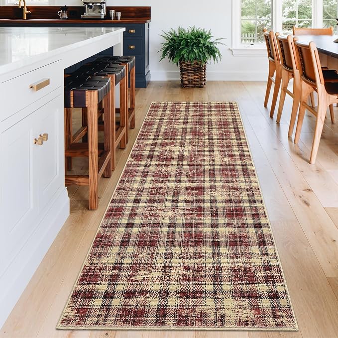 Washable Rugs Runner Rug 2x6 Modern Plaid Area Rug Soft Carpet 2'x6' Red