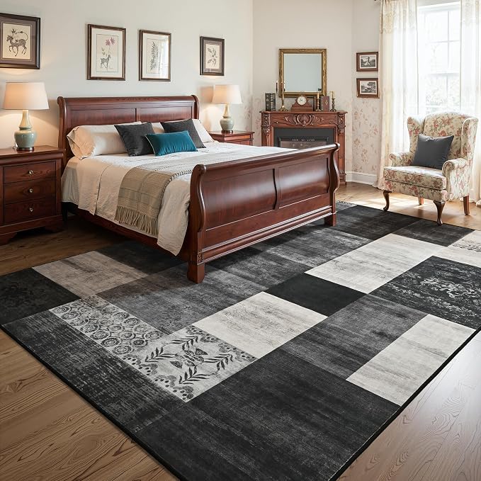 Tepook 4x6 Area Rugs for Living Room, Modern Large Geometric Rug for Bedroom, Washable Patchwork Rug Indoor Non Slip Throw Carpets for Dining Room Office Farmhouse Home Decor, Black and White