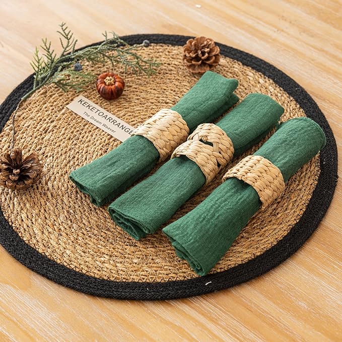 Cloth Napkins 17x17 Inches, Set of 10 Emerald Green Cotton, Includes 10 Sisal Ropes, Perfect for Lunch, Dinner, Wedding, Baby Shower, Boho Decorations
