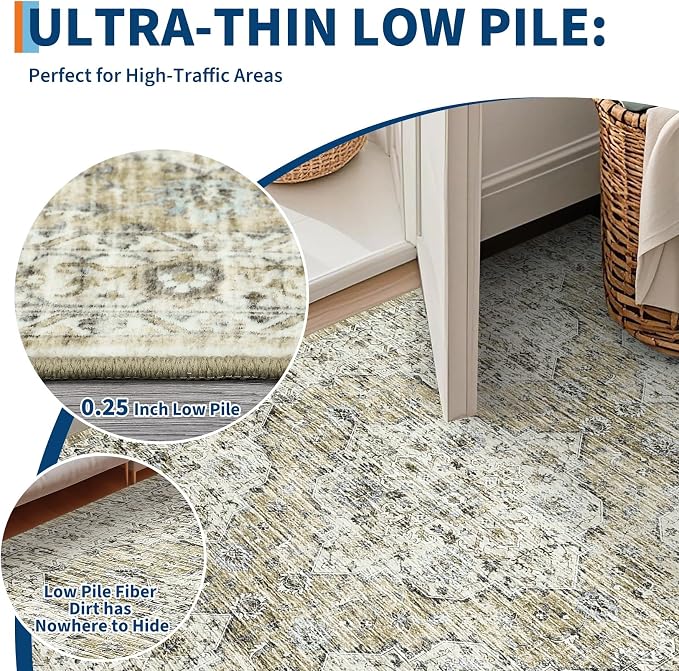 8x10 Washable Vintage Distressed Oriental Large Rug Soft Bedroom Carpet Non-Slip Low Pile Living Room Large Rug Retro Floral Floor Carpet for Farmhouse Home Decor Playroom, Brown Yellow