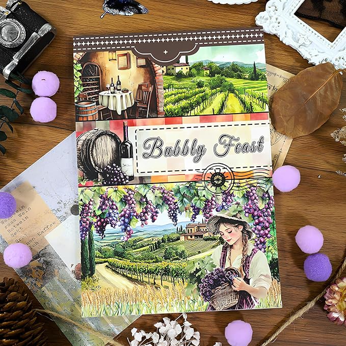 Snycler Sticker Book - 20 Sheets Vintage PET Stickers for Scrapbooking, Junk Journaling, Ephemera, and Decorative Crafts-Bubbly Feast