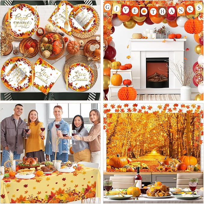 Thanksgiving Decorations,247pcs Fall Themed Give Thanks Decorations Thanks Giving Decorations Party Plates Napkins Cups Tablecloth Balloons for Thanksgiving Party Decorations,Serve 24