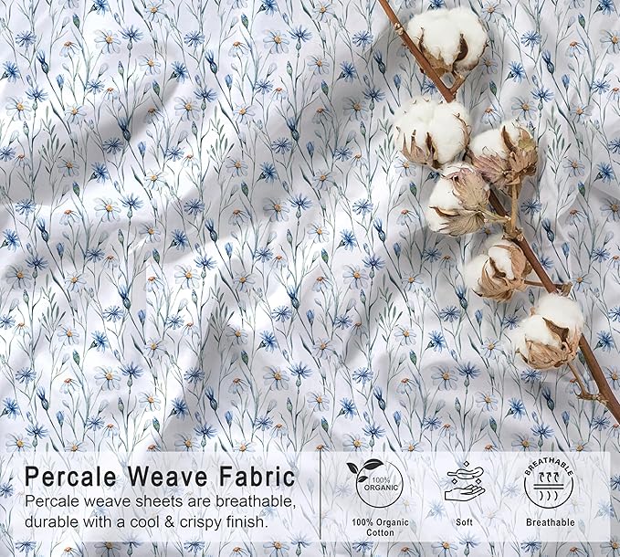 RUVANTI 100% Organic Cotton Sheets California King, Percale Weave, GOTS Certified, 4-Piece Set, Deep Pocket 13", Crisp & Breathable, Soft Durable Bedding, Sábanas Algodón Orgánico – Daisy Bud