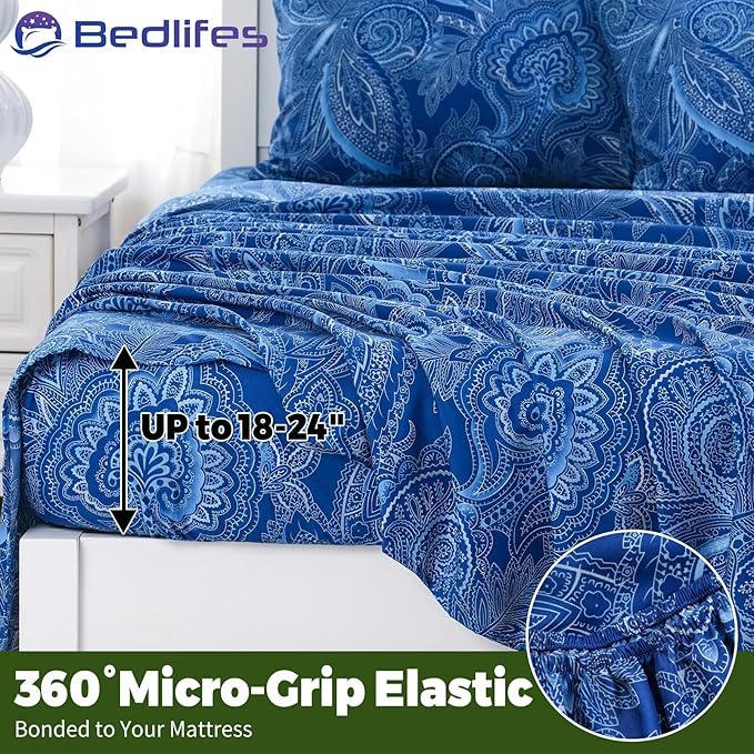 Bedlifes Extra Deep Pocket 18-24" Queen 4-Piece Sheet Set - Cooling Sheets Blend Rayon Derived from Bamboo Soft & Breathable,Featuring Paisley Dark Navy Blue