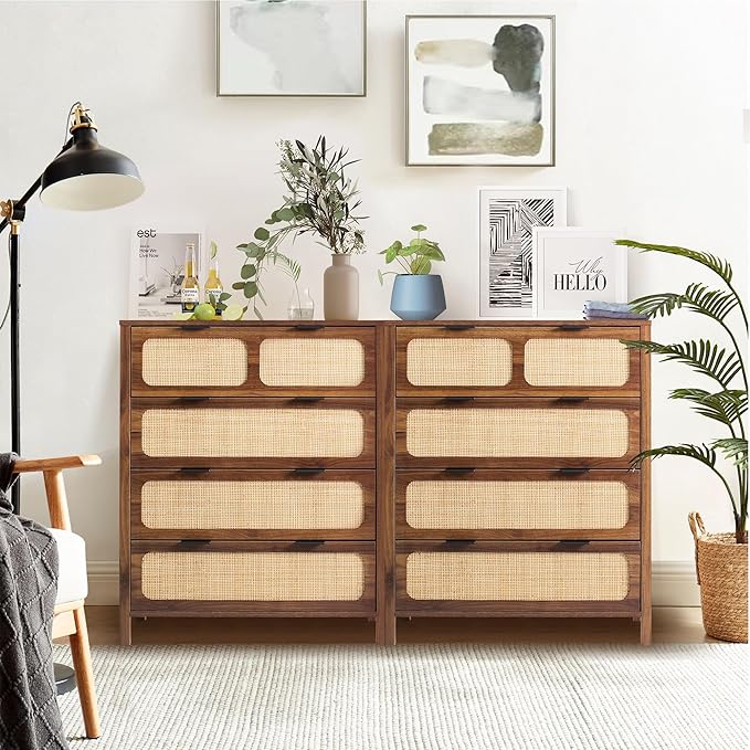 LEVNARY 4 Drawer Dresser for Bedroom, Rattan Dresser Drawers Storage Cane Cabinet, Wooden Chest of Drawers for Bedroom, Entryway, Living Room (1, Walnut)