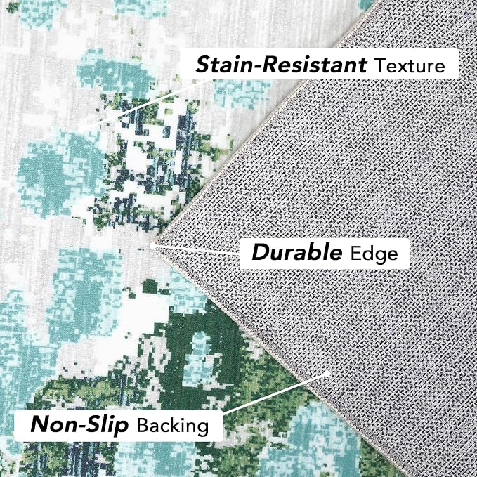 GAOMON Washable Modern Abstract 4x6 Small Area Rugs Non Slip Soft Bedroom Rug Low Pile Dining Room Carpet Mat Colorful Abstract Throw Rug for Nursery Office Entrance, Green/Turquoise