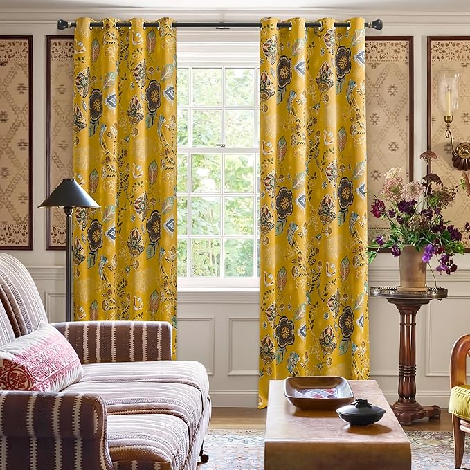 Mustard Yellow Vintage Floral Blackout Curtains & Drapes 90 Inches Long for Living Room Bedroom 2 Panels Boho Colorful Botanical Flower Leaf Printed Curtains Luxury Room Darkening Grommet Top 52x90