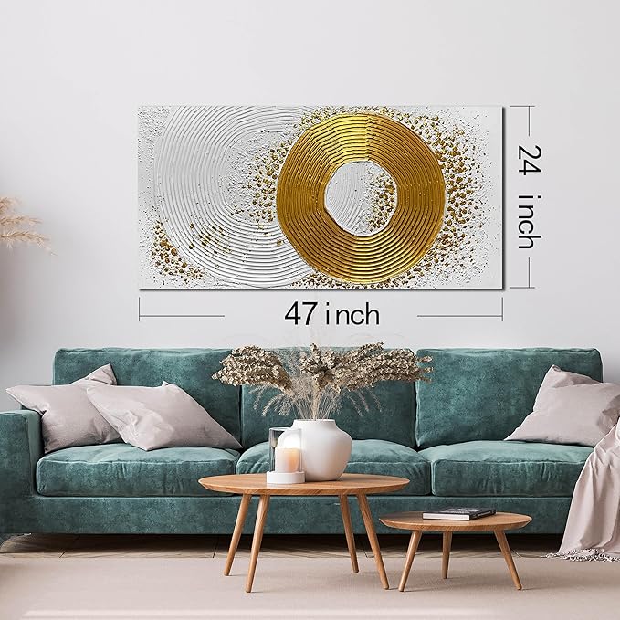 White and Gold Wall Decor for Living Room Abstract Circle Painting Wall Art for Dining Room Modern Art Wall Decor for Office Size 24 x 47 Inch