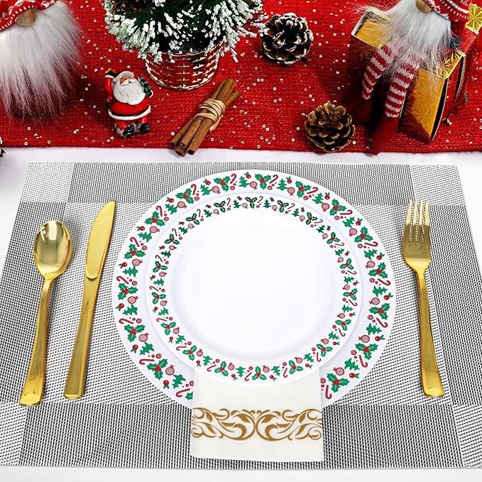 175pcs Christmas Party Supplies - 25 Plastic Plates, 25 Gold & Silver Disposable Plastic Silverware, Clear Gold Cups for Christmas