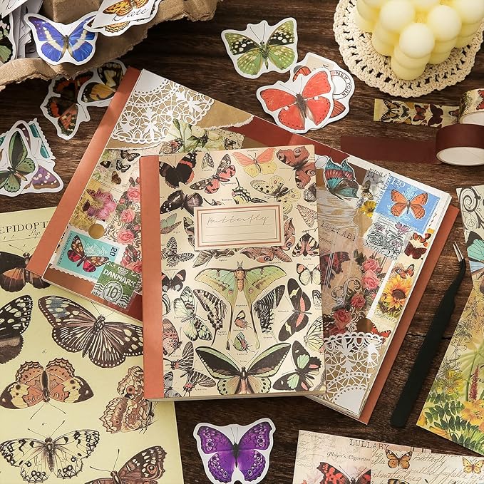 emmoolife Vintage Aesthetic Scrapbooking Supplies Kit, Butterfly Junk Journal Scrapbook Kit with Journaling Supplies, A6 Grid Notebook, Stationery, Birthday Craft Gift Set for Teen Girl Women
