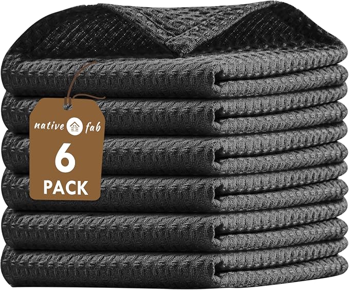 Native Fab 6 Pack Waffle Dish Cloths - 12x12 inches, 100% Cotton, Soft, Absorbent & Quick Drying Towels for Cleaning, Cooking & Baking - Great for Home, Restaurants, Bars, Multipurpose Use - Black