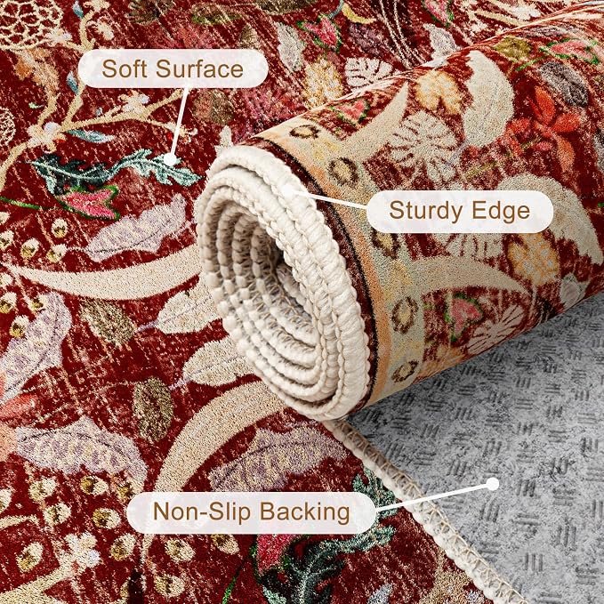 AMTOVO 2x3 Washable Indoor Welcome Door Mat, Vintage Boho Floral Distressed Print Non-Slip Area Rug, Small Throw Rugs for Entryway Indoor Entrance Kitchen Bathroom Laundry Bedroom Floor, Red