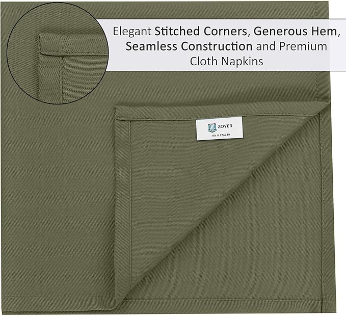Zoyer Cloth Napkins Set of 12, 18x18 Inches Cotton Enrich Napkins Cloth ‎Washable, Soft & Durable Dinner Napkins for Parties, Wedding, Christmas, ‎Thanksgiving & Everyday Use - Martini Olive